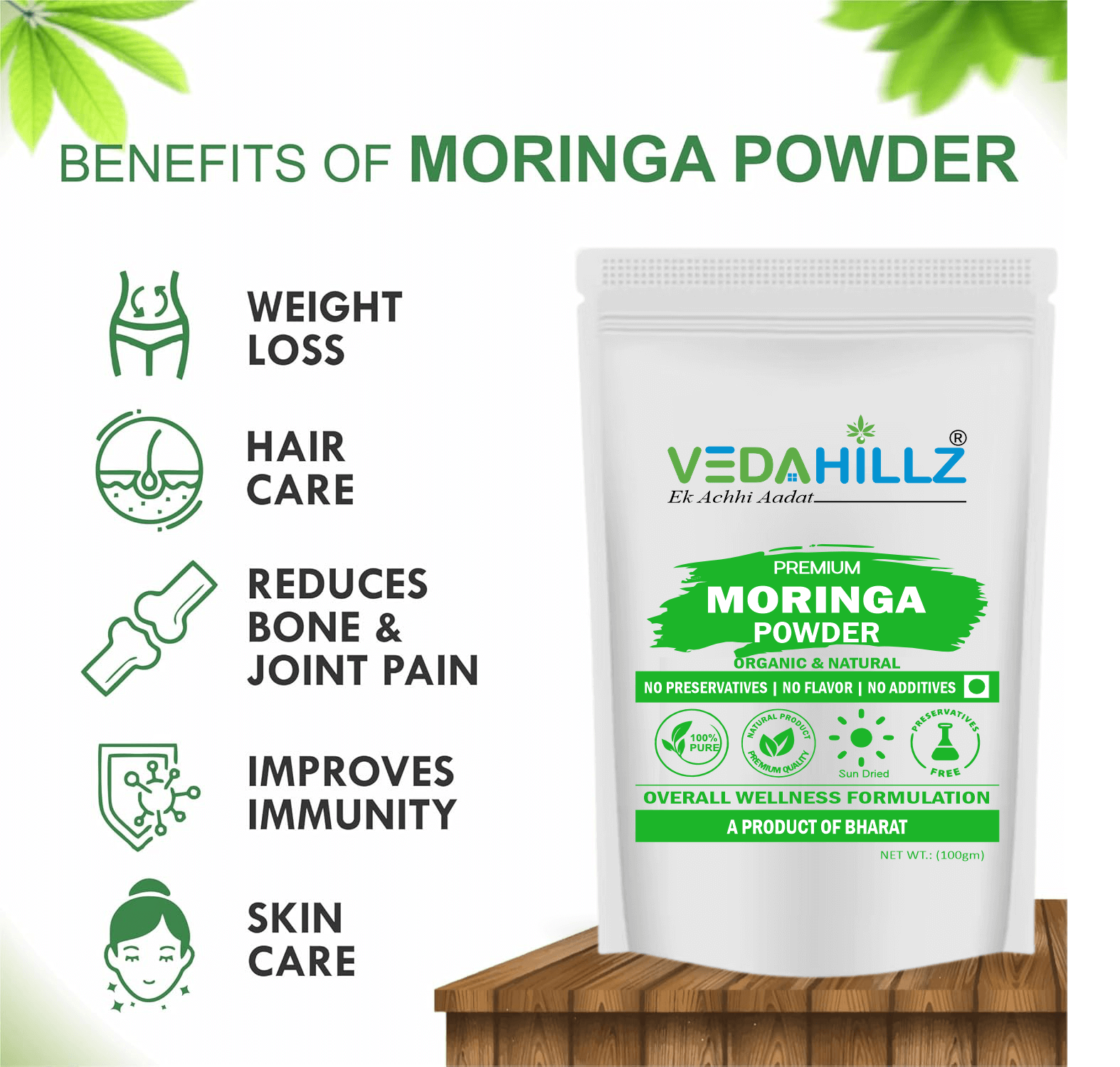 Vedahillz Moringa Powder Made from Carefully Selected Moringa Leaves